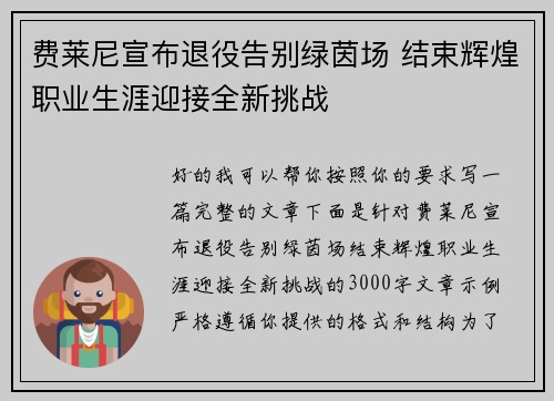 费莱尼宣布退役告别绿茵场 结束辉煌职业生涯迎接全新挑战 费莱尼宣布退役告别绿茵场 结束辉煌职业生涯迎接全新挑战